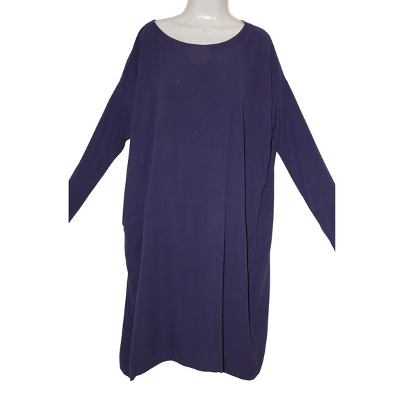 EILEEN FISHER Silk Purple Shift Dress Midi Oversized SZ Large Side Pockets Relax - Picture 3 of 9